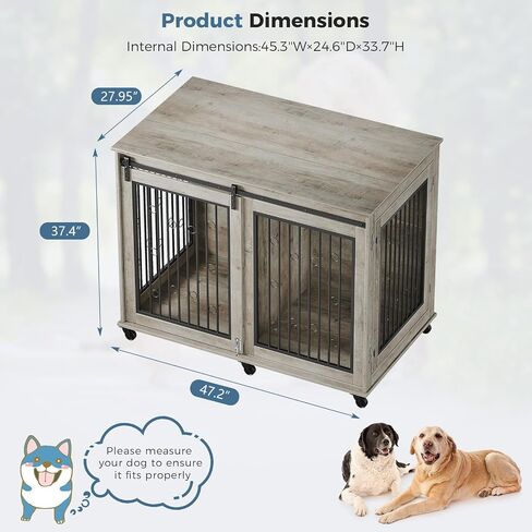 48'' Dog Crate Furniture with Divider for 2 Medium to Large Dogs, Wooden Cage End Table, Heavy Duty Indoor Puppy Kennel with Removable Divider and Sliding Door, Grey in Saudi Arabia