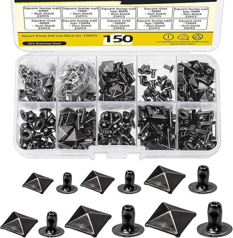 150Pcs 6 Sizes Gun Color Spike Rivet Pyramid Rapid Rivet Studs, 6mm 7mm 8mm 9mm 10mm 12mm Square Punk Spikes Pyramid Rapid Rivet Studs Nail Heads for DIY Leather Craft Decoration(Gun Color in Kuwait