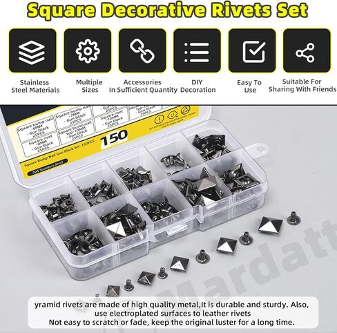 150Pcs 6 Sizes Gun Color Spike Rivet Pyramid Rapid Rivet Studs, 6mm 7mm 8mm 9mm 10mm 12mm Square Punk Spikes Pyramid Rapid Rivet Studs Nail Heads for DIY Leather Craft Decoration(Gun Color in Kuwait