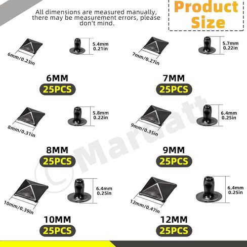 150Pcs 6 Sizes Gun Color Spike Rivet Pyramid Rapid Rivet Studs, 6mm 7mm 8mm 9mm 10mm 12mm Square Punk Spikes Pyramid Rapid Rivet Studs Nail Heads for DIY Leather Craft Decoration(Gun Color in Kuwait