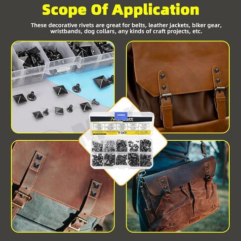 150Pcs 6 Sizes Gun Color Spike Rivet Pyramid Rapid Rivet Studs, 6mm 7mm 8mm 9mm 10mm 12mm Square Punk Spikes Pyramid Rapid Rivet Studs Nail Heads for DIY Leather Craft Decoration(Gun Color in Kuwait