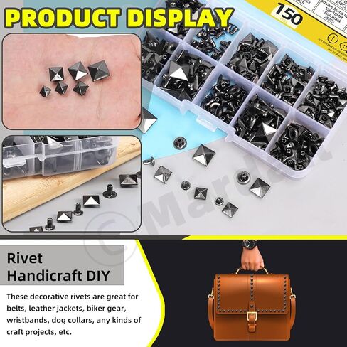 150Pcs 6 Sizes Gun Color Spike Rivet Pyramid Rapid Rivet Studs, 6mm 7mm 8mm 9mm 10mm 12mm Square Punk Spikes Pyramid Rapid Rivet Studs Nail Heads for DIY Leather Craft Decoration(Gun Color in Kuwait