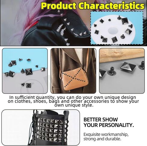 150Pcs 6 Sizes Gun Color Spike Rivet Pyramid Rapid Rivet Studs, 6mm 7mm 8mm 9mm 10mm 12mm Square Punk Spikes Pyramid Rapid Rivet Studs Nail Heads for DIY Leather Craft Decoration(Gun Color in Kuwait