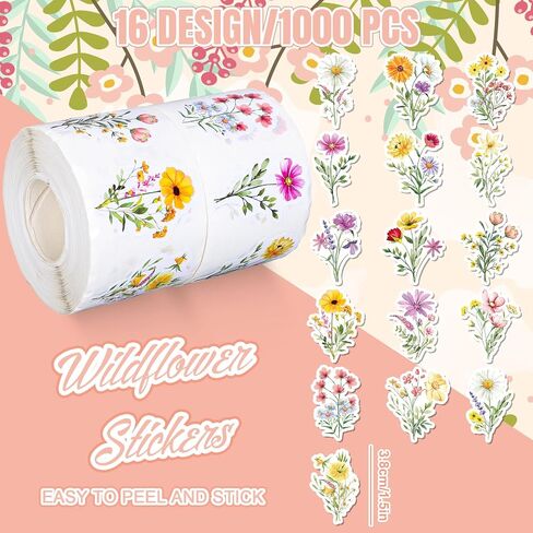 Whaline 1000Pcs Wildflower Stickers Colorful Floral Paper Decals Flower Bouquet Self-Adhesive Waterproof Stickers for Envelope Scrapbook Spring Party Decor, 2 Rolls in Saudi Arabia