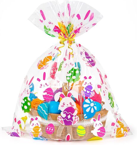 CUDICY Easter Bags 10pcs Large Cellophane Bags 24x30 Inch Cellophane Wrap for Gift Baskets Plastic Gift Wrapping Clear Gift Bags (Easter eggs, Bunny) in Kuwait