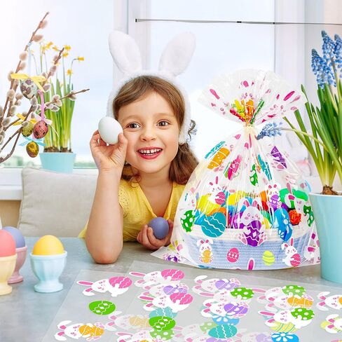 CUDICY Easter Bags 10pcs Large Cellophane Bags 24x30 Inch Cellophane Wrap for Gift Baskets Plastic Gift Wrapping Clear Gift Bags (Easter eggs, Bunny) in Kuwait
