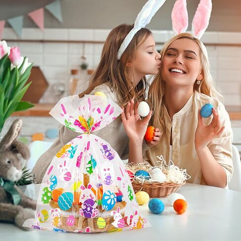 CUDICY Easter Bags 10pcs Large Cellophane Bags 24x30 Inch Cellophane Wrap for Gift Baskets Plastic Gift Wrapping Clear Gift Bags (Easter eggs, Bunny) in Kuwait