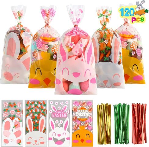 LOKIPA Easter Celllophane Treat Bags, 120 Pieces Clear Easter Candy Bags with 150 Twist Ties for Easter Supplies in Saudi Arabia