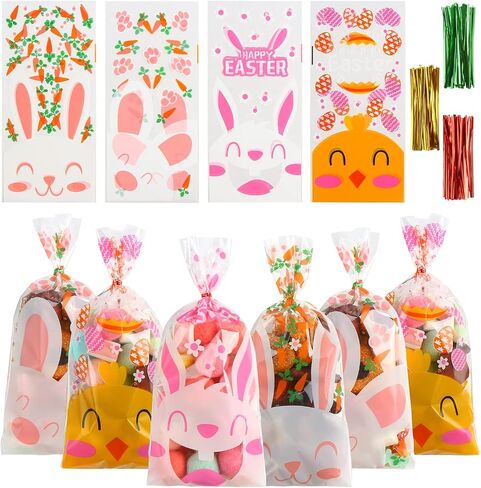 LOKIPA Easter Celllophane Treat Bags, 120 Pieces Clear Easter Candy Bags with 150 Twist Ties for Easter Supplies in Saudi Arabia