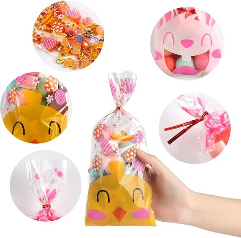 LOKIPA Easter Celllophane Treat Bags, 120 Pieces Clear Easter Candy Bags with 150 Twist Ties for Easter Supplies in Saudi Arabia
