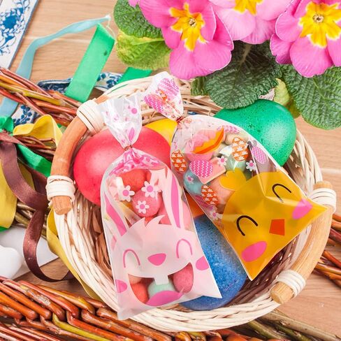 LOKIPA Easter Celllophane Treat Bags, 120 Pieces Clear Easter Candy Bags with 150 Twist Ties for Easter Supplies in Saudi Arabia