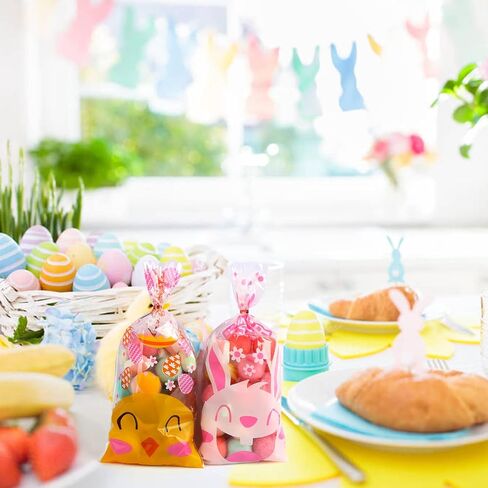LOKIPA Easter Celllophane Treat Bags, 120 Pieces Clear Easter Candy Bags with 150 Twist Ties for Easter Supplies in Saudi Arabia