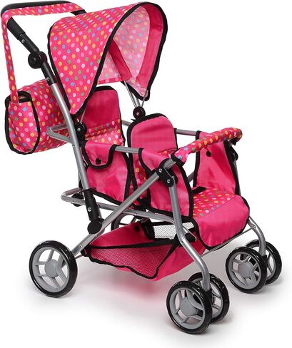 Twin Doll Stroller with Diaper Bag and Swivel Wheels & Adjustable Handle - Pink & Polka Dot Design in Kuwait
