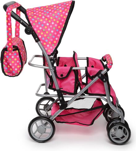 Twin Doll Stroller with Diaper Bag and Swivel Wheels & Adjustable Handle - Pink & Polka Dot Design in Kuwait