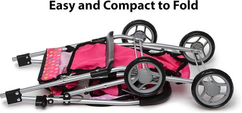 Twin Doll Stroller with Diaper Bag and Swivel Wheels & Adjustable Handle - Pink & Polka Dot Design in Kuwait