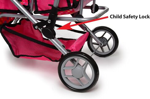 Twin Doll Stroller with Diaper Bag and Swivel Wheels & Adjustable Handle - Pink & Polka Dot Design in Kuwait