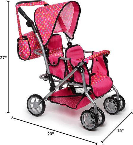 Twin Doll Stroller with Diaper Bag and Swivel Wheels & Adjustable Handle - Pink & Polka Dot Design in Kuwait