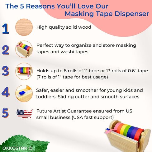 Wood Masking Tape Holder, Kids Tape Dispenser, Craft Tape Dispenser, Multi Roll Tape Dispenser for Kids, Washi Tape Dispenser, Multi Tape Dispenser (Sliding Cutter) *Masking Tape NOT Included in Saudi Arabia