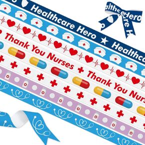 YKW 8 Pack Healthcare Hero Ribbon - Medical Medical Medical Grosgrain Ribbons (3/8 "× 3 ياردات لكل منهما) - ممرضة شكرًا لك ، نبضات القلب ، تصاميم السماعة على هدايا التقدير والحرف والزخارف