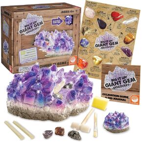 Mindware Dig It Up Giant Gem Discovery Kit - Gemstone Dig Kit تقدم الجيولوجيا للأطفال مع 12 أحجارًا مخفية حقيقية - تشمل جوهرة عملاقة واحدة وأدوات إزميل وملصق الأحجار الكريمة - الأعمار 4+