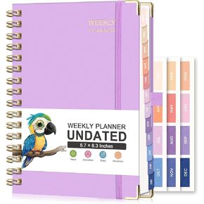 RETTACY Undated Planner, Weekly and Monthly, 53 Weeks and 12 Months, 5.7" × 8.3" Medium Size, 24 Self-adhesive Monthly Tabs, Hardcover, Spiral Bound, 100 GSM Thick Paper (Lilac)