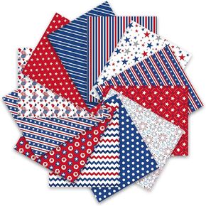 Whaline 12Pcs Patriotic Cotton Fabric Bundles 18 x 22 Inch Star Firework Fat Quarters 4th of July Quilting Patchwork Squares Independence Day Sewing Fabrics for DIY Handmade Crafting Home Party Decor