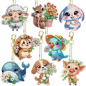 FineGood 8 PCS Animal Diamond Art Painting keains kits ، 5d Diamond Art Suncatcher kits crystal diamond keychains ، diy carft for hanging roud.