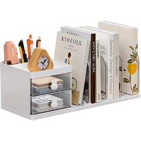 منظم المكتب مع Bookends ، صندوق تخزين سطح المكتب مع 2 درجتين 3 مقصورات و 4 كتب ، منظم المكتب متعدد الوظائف للمكتب المنزلي لوازم المدرسة المنزلية (أبيض)