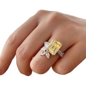 925 Sterling Silver Shiny Full Diamond Gemstone Ring 18K Citrine Flower Cocktail Ring Cubic Zirconia Promise Ring CZ Diamond Multi Row Rings Edernity Engagement Party Ring Z.175 (US Code 7)