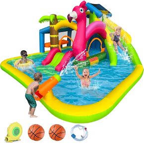 RETRO JUMP Inflatable Water Slide,Flamingo Water Park Bouncy Castle,9 in 1 Waterslides with Climbing Wall,Splash Pool,Toy Market Stand, Bounce Area,Water Cannon,Basketball Rim,Sprinkler and Blower