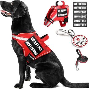 Service Dog Vest+ID Tag+Leash+6 Pcs Patches,Air Mesh Service Dog Harness with 2 Handles Dog Leash,2-Sided Metal Tag for Service Animals for Walking Training,No Pull Pet Harness Set Red S