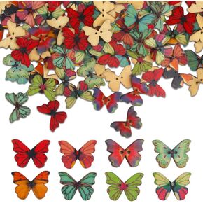 50PCS Mixed Butterfly Wooden Buttons, Colorful Wood Button/Wooden Vintage Pattern Round Buttons for DIY Sewing&Wood Craft Clothes Accessories