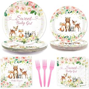 96 PCS Floral Woodland Girl Girl Decorations Dream Shower ، Woodland Baby Shower Decorations ، تشمل اللوحات مناديل شوكات للفتيات ، خدمة استحمام الطفل ، خدمة 24