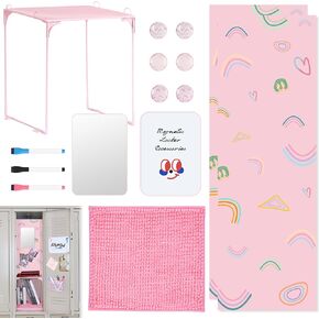 Hautoco 16PCS Locker Associory Kit for Girls Pink Locker Organizer Decoritions مرة أخرى إلى أساسيات المدرسة مع الرف والسجاد المربع وخلفية المغناطيسية والأبيض والمرآة والعلامات وحامل القلم والمغناطيس