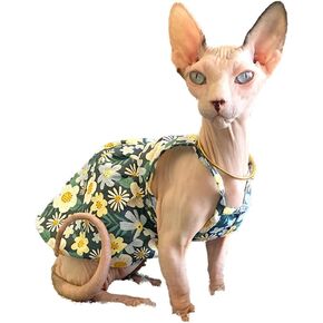 Hairless Cat Clothes - Breathable Summer Cotton Sundress with Sunflower Print Suspender Skirt Elegant Romantic Girly Vest Soft Princess Dress for Sphynx, Cornish Rex, Devon Rex, Peterbald (L)