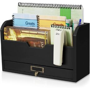 Flexzion 3 Tier Wooden Desk Organizer - Country Rustic Compartments Slot File File Tresent Pencil Sarter Sorlder Supplies Supplies Supplies Rack Rualer for Desktop Tabletop Office Home Brown