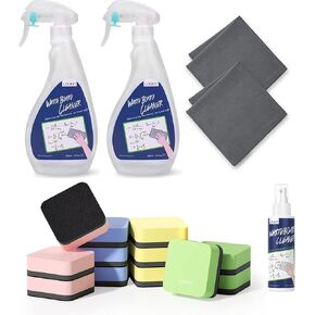 Loukin Whiteboard Accessories Bundle | طقم منظف السبورة غير السامة (2 زجاجة من 17 أوقية) وممحاة ممحاة جاف مغناطيسي ميني 12 حزمة
