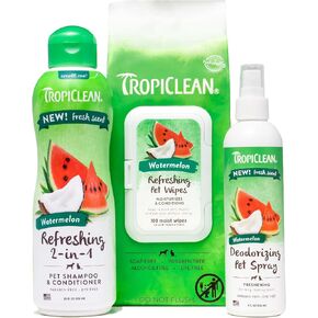 Tropiclean Watermelon Grooming Kit للكلاب | منتجات الحيوانات الأليفة الطبيعية المستمدة من المكونات الطبيعية | آمن للقطط | صنع في الولايات المتحدة | مجموعة 3 قطعة