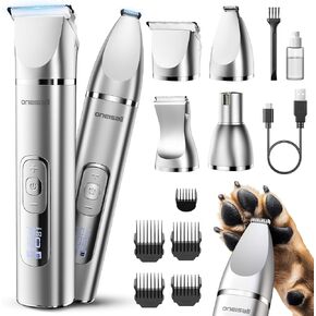 Oneisall 4 in 1 Dog Grooming Kit مع شاشة LCD ، تقليم شعر الكلب لطاحونة الأظافر باو ، قابلة للشحن 2000 مللي أمبير كليبرز