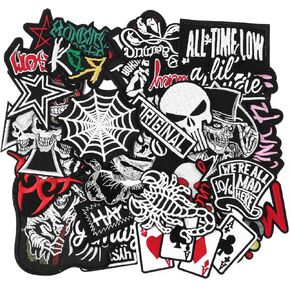 30pcs Random Assorted Cool Punk Embroidered Patches, Sew On/Iron On Patch Applique for Clothing, Jackets, Jeans, Hats, DIY Accessories (30PCS Punk Style Set)