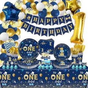 السيد OneDerful 232 PCS زخارف عيد ميلاد الذهب الأزرق - لوحات ، مناديل ، أكواب ، بالونات ، لافتة ، الكعكة توبيبر ، مفرش المائدة للاستحمام الطفل ، فتى عيد الميلاد الأول ، يقدم 20