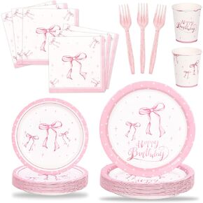 125pcs pink bow plate مجموعة لوازم القوس التي يمكن التخلص منها ، مجموعة زخارف القوس الأدوات المائدة التخلص من الإمداد لحفل الزفاف والاستحمام الطفل ، خدمة 25