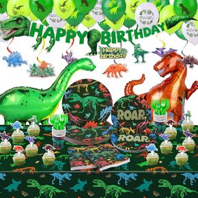 164 قطعة DINOSAUR BIRDIAND SUBSION SUPPIES ، 24 يقدم ديكورات حفلات الديناصورات مع لافتة TREX ، واللوحات ، والكؤوس ، والمناديل ، والشوك ، المائدة لزخارف عيد ميلاد Dino للأولاد