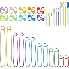 12Pcs Knitting Stitch Holder Set, 6Size Aluminum Needle Crochet Yarn Stitch Holders Markers Hooks Tools with Crochet Stitch Locking Markers and Sewing Needles for Quilting Knitting Notions or Crochet