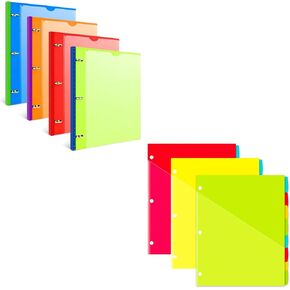 Infun Telescoping 3 Ring Binder - 4pcs- Green ، Red ، Orange ، Blue + Plastic 8 -Tab Binder Dividers مع 2 جيوب - 3 مجموعات