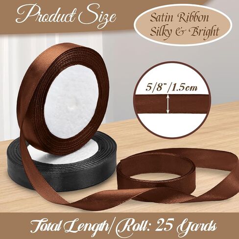 Luomorgo 5/8 Inch Satin Ribbon, 25 Yards Brown Satin Ribbon, Fabric Ribbon for Gift Wrapping, Flower Bouquet, DIY Craft, Sewing, Wedding, Birthday Party Decorations in Kuwait