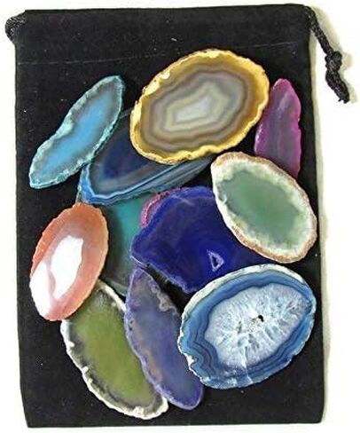 Crystals Colorful Set of 12 Polished Agate Slices in Velvet Bag (Teal) in Kuwait