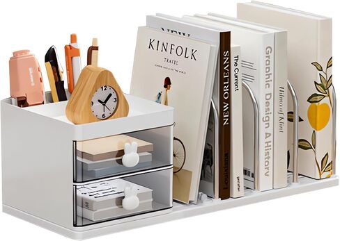 منظم المكتب مع Bookends ، صندوق تخزين سطح المكتب مع 2 درجتين 3 مقصورات و 4 كتب ، منظم المكتب متعدد الوظائف للمكتب المنزلي لوازم المدرسة المنزلية (أبيض) in Kuwait
