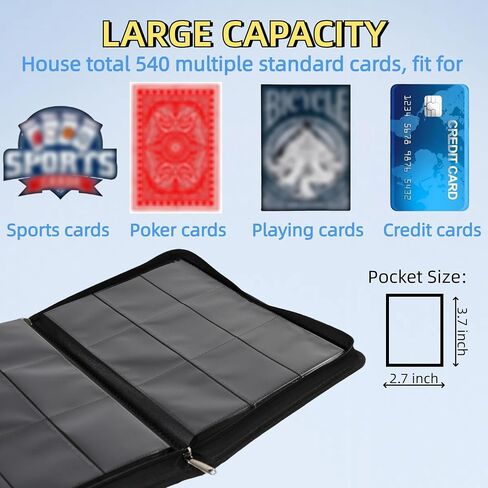 Card Card Binder 9 Pocket مع اثنين من السوستة المعدنية و 540 فتحات ، ورقة العلامة ، ألبوم التحميل الجانبي Fukalang Ringless ، المجلد القابل للتحصيل لـ Pokemon ، Yugioh ، TCG ، MTG و Sports (أسود) in Kuwait