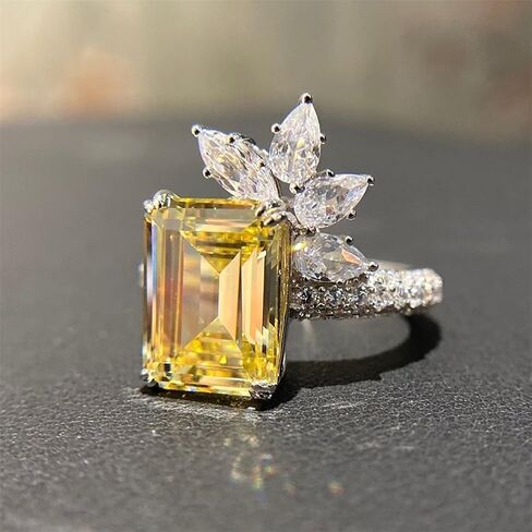 925 Sterling Silver Shiny Full Diamond Gemstone Ring 18K Citrine Flower Cocktail Ring Cubic Zirconia Promise Ring CZ Diamond Multi Row Rings Eternity Engagement Wedding Party Ring Z.175 (US Code 7) in Kuwait